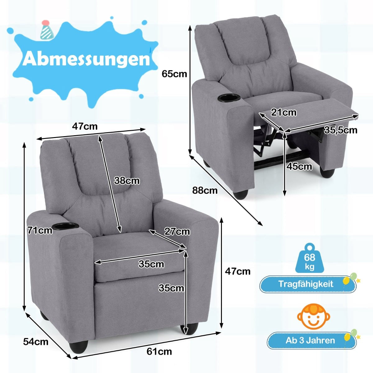 Children's Recliner Chair with Adjustable Back & Footrest