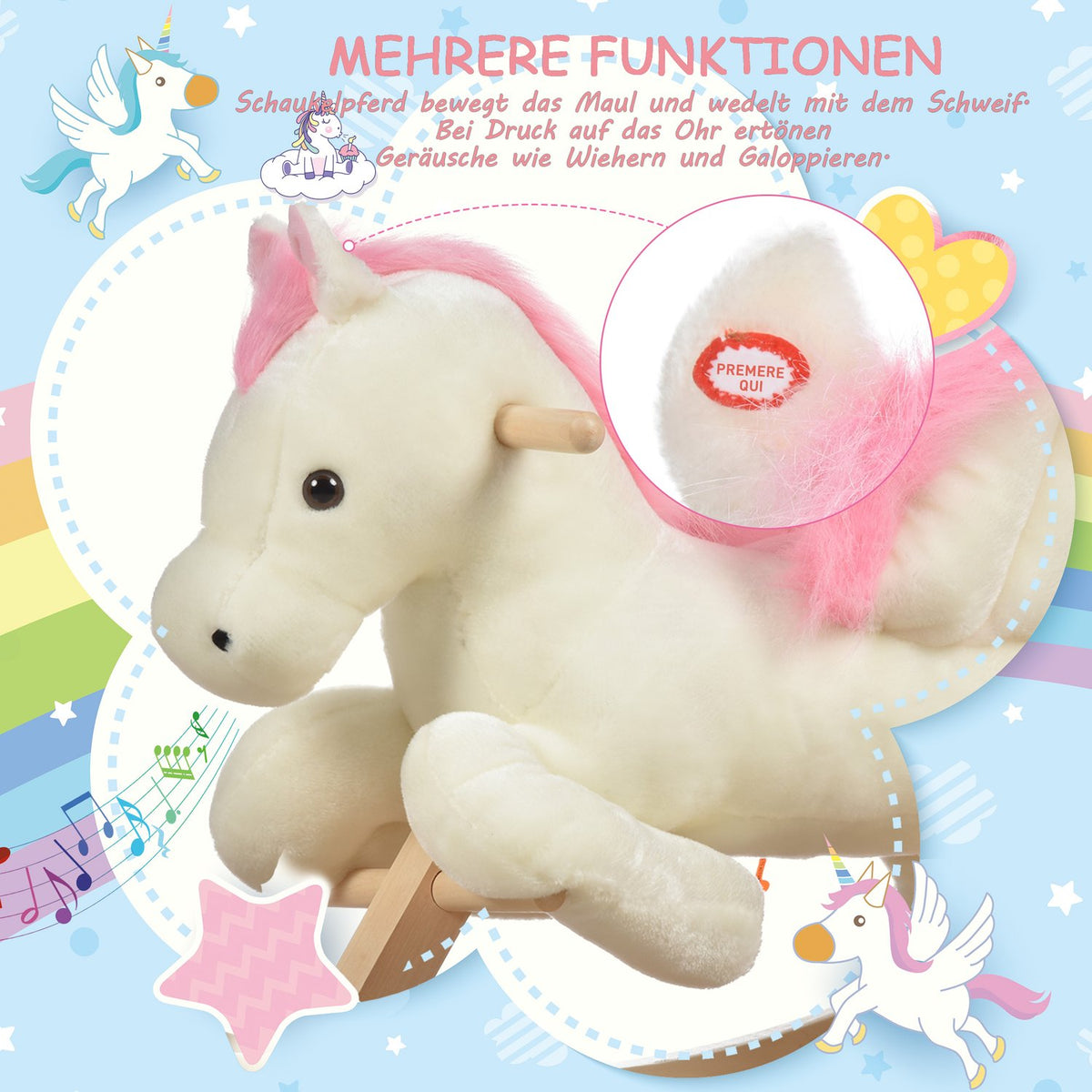 Children's Rocking Horse Baby Rocking Animal with Sounds Grab Handles for 18-36 Months Plush White Pink 70x28x57 cm