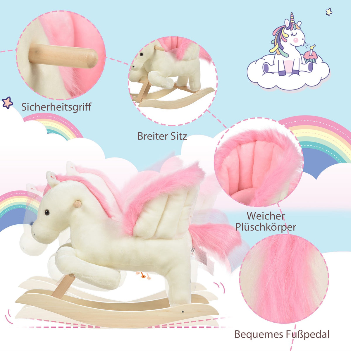 Children's Rocking Horse Baby Rocking Animal with Sounds Grab Handles for 18-36 Months Plush White Pink 70x28x57 cm