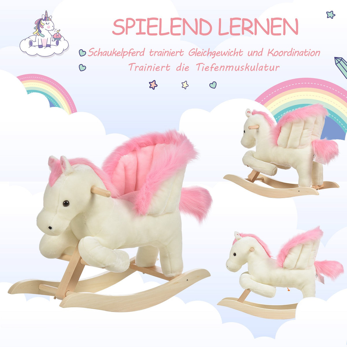 Children's Rocking Horse Baby Rocking Animal with Sounds Grab Handles for 18-36 Months Plush White Pink 70x28x57 cm