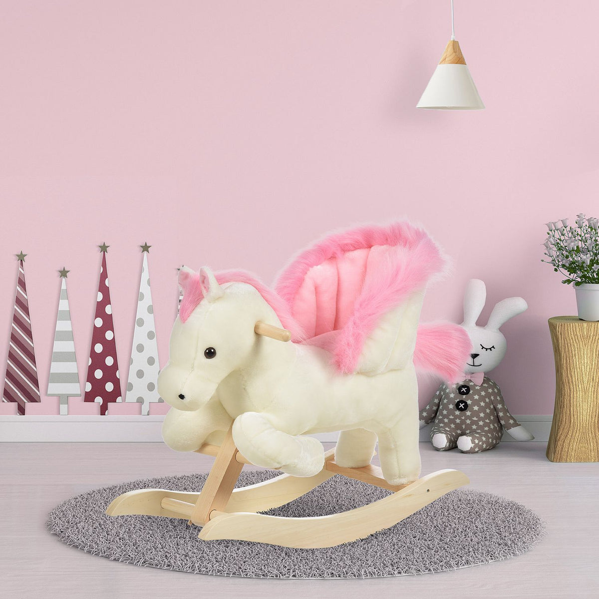 Children's Rocking Horse Baby Rocking Animal with Sounds Grab Handles for 18-36 Months Plush White Pink 70x28x57 cm