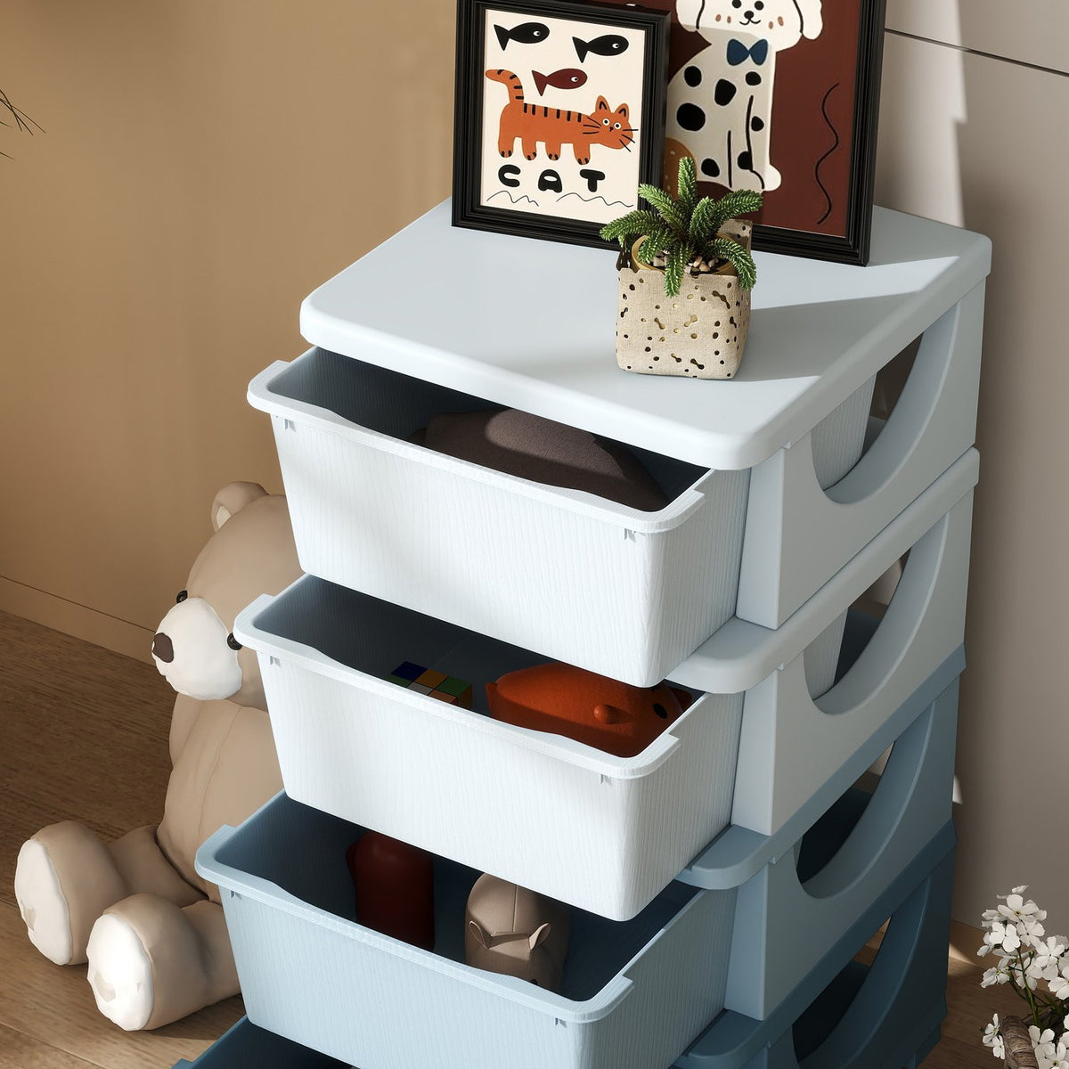 Children's Room Chest of Drawers, 4 Tier Toy Organizer, Toy Storage, Blue