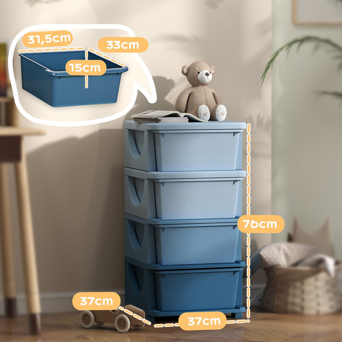 Children's Room Chest of Drawers, 4 Tier Toy Organizer, Toy Storage, Blue