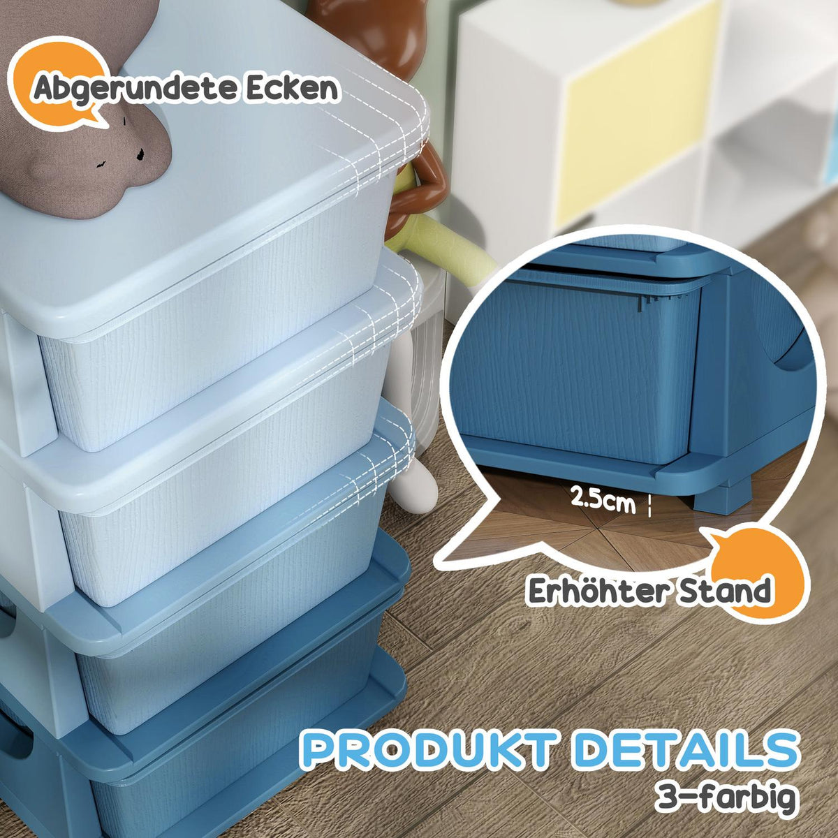 Children's Room Chest of Drawers, 4 Tier Toy Organizer, Toy Storage, Blue