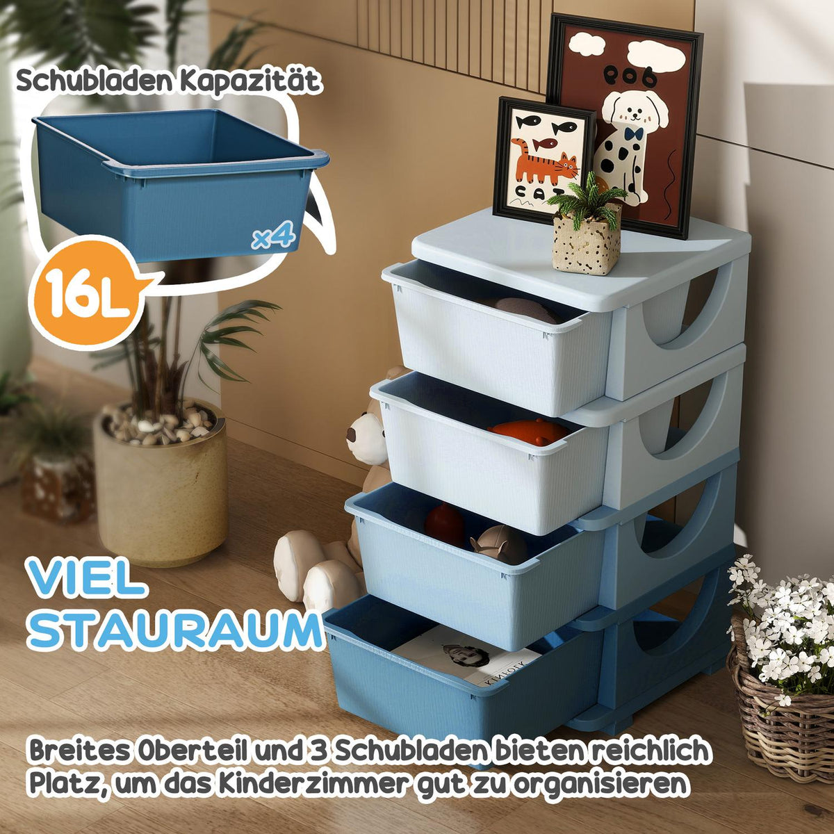 Children's Room Chest of Drawers, 4 Tier Toy Organizer, Toy Storage, Blue
