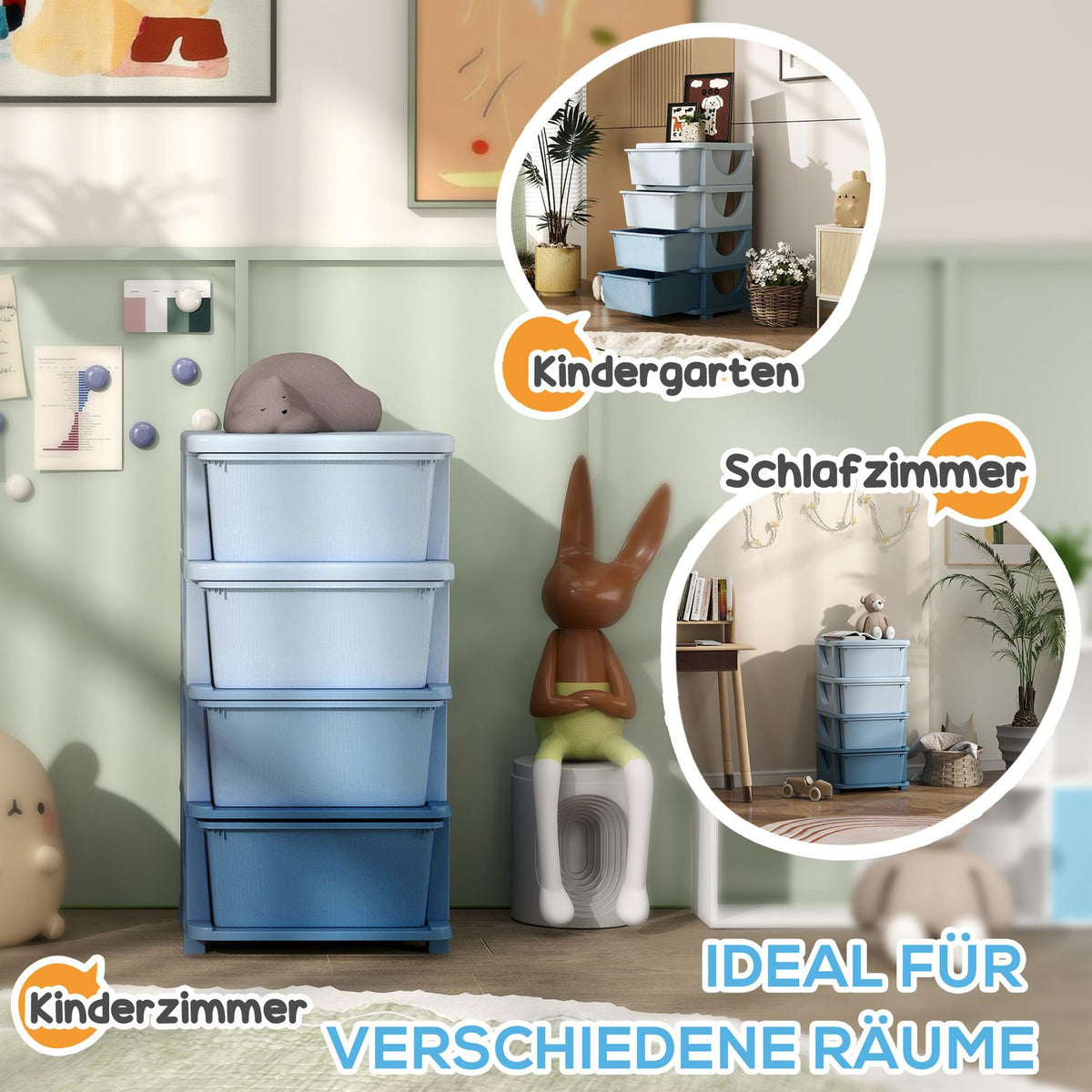 Children's Room Chest of Drawers, 4 Tier Toy Organizer, Toy Storage, Blue