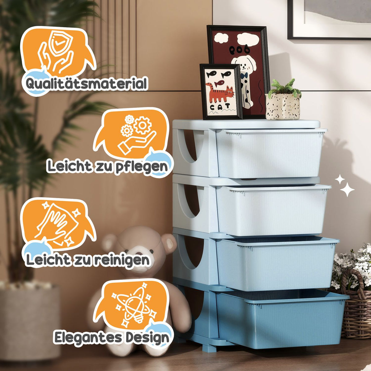 Children's Room Chest of Drawers, 4 Tier Toy Organizer, Toy Storage, Blue