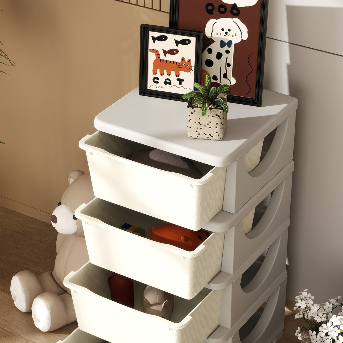 Children's Room Chest of Drawers, 4 Tier Toy Organizer, Toy Storage, Cream White