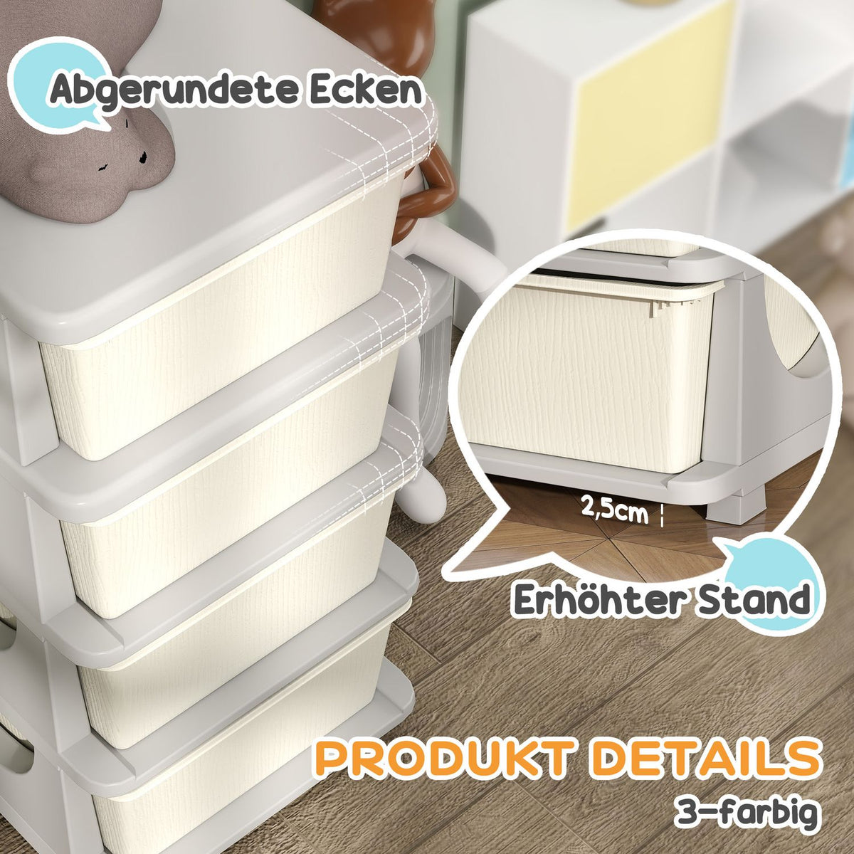 Children's Room Chest of Drawers, 4 Tier Toy Organizer, Toy Storage, Cream White