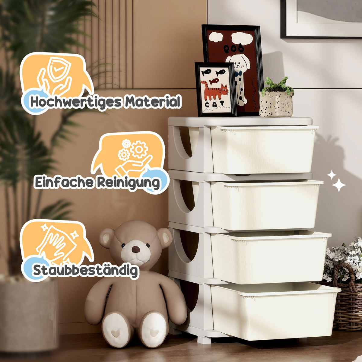 Children's Room Chest of Drawers, 4 Tier Toy Organizer, Toy Storage, Cream White