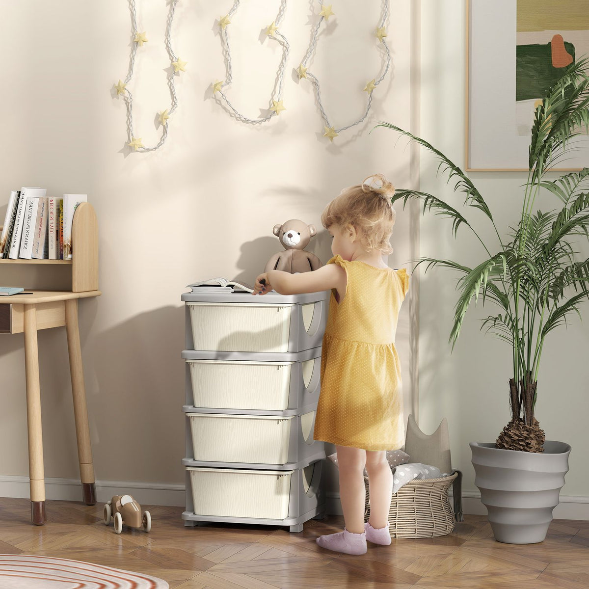 Children's Room Chest of Drawers, 4 Tier Toy Organizer, Toy Storage, Cream White