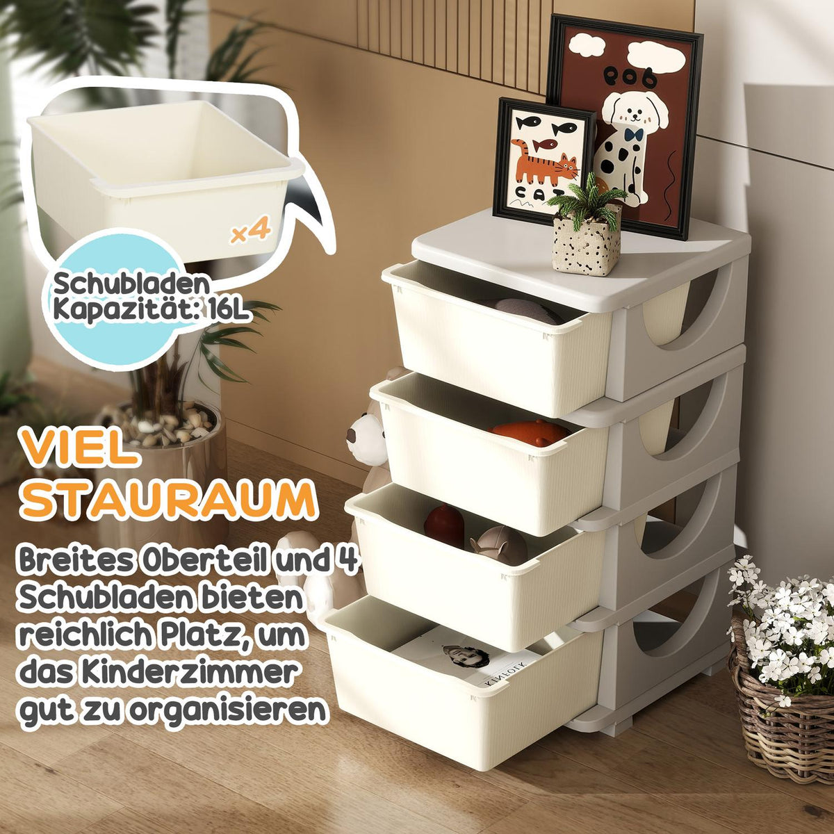 Children's Room Chest of Drawers, 4 Tier Toy Organizer, Toy Storage, Cream White