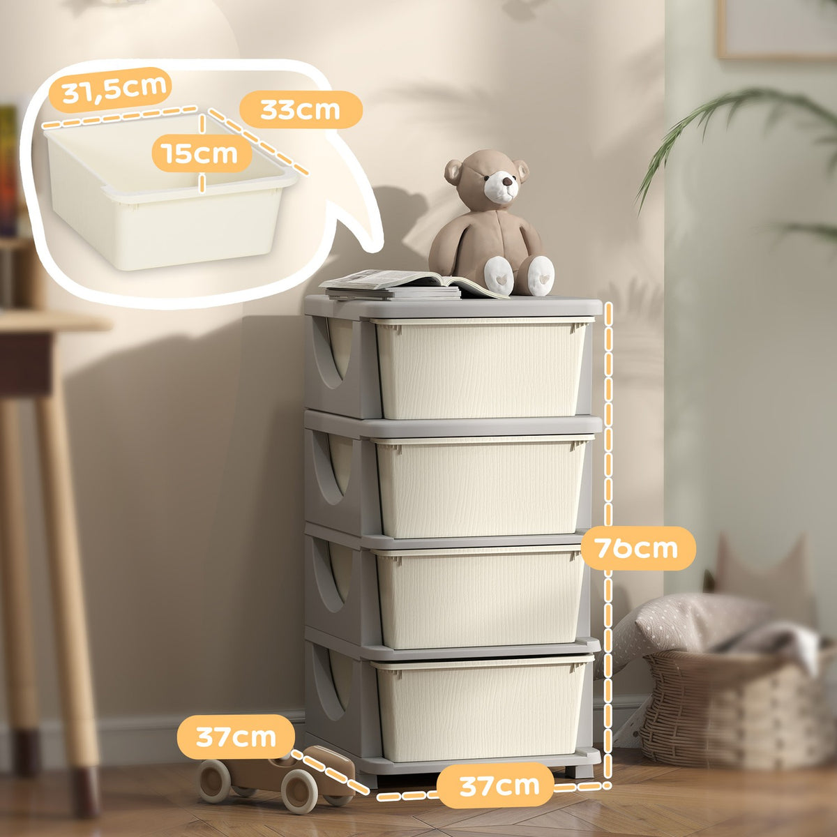 Children's Room Chest of Drawers, 4 Tier Toy Organizer, Toy Storage, Cream White