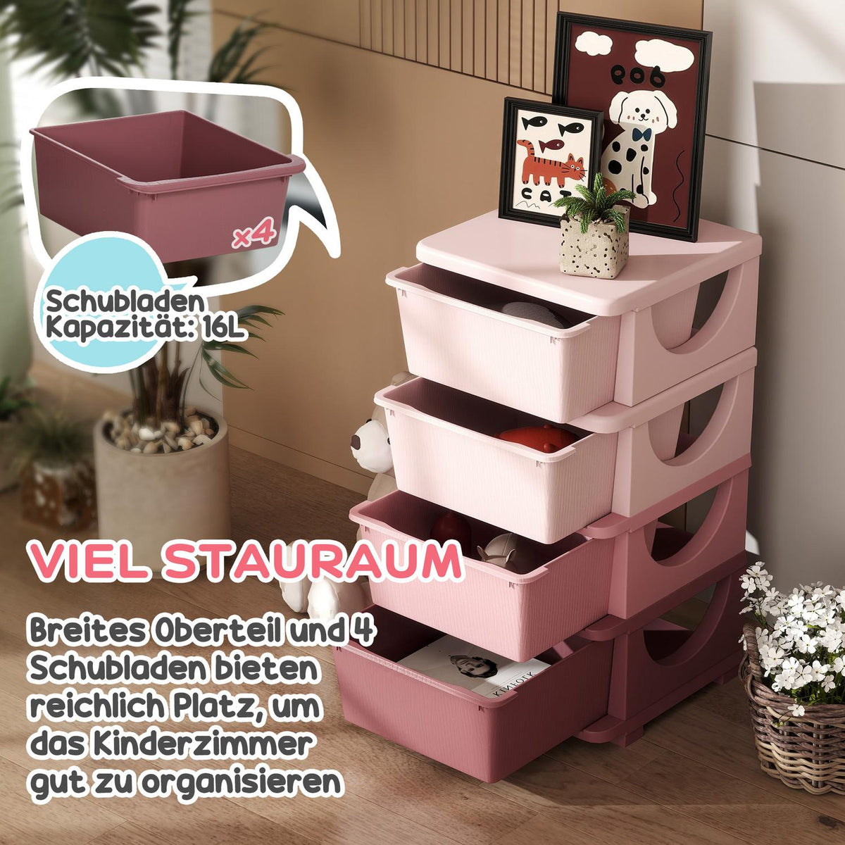 Children's Room Chest of Drawers 4 Tier Toy Organizer Toy Storage Pink