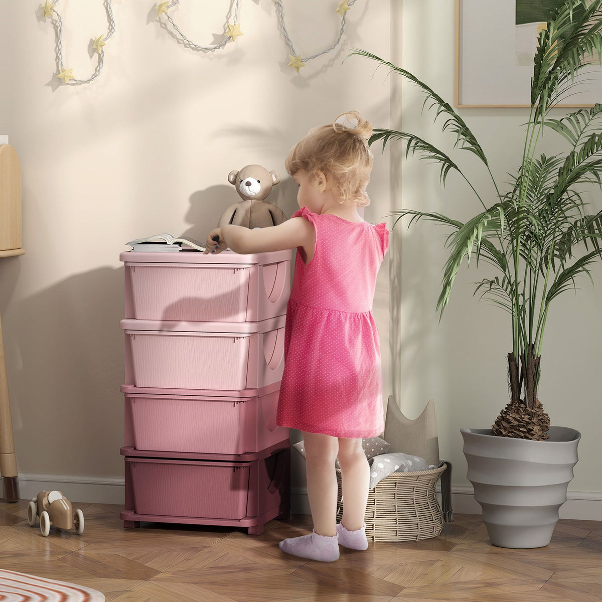 Children's Room Chest of Drawers 4 Tier Toy Organizer Toy Storage Pink
