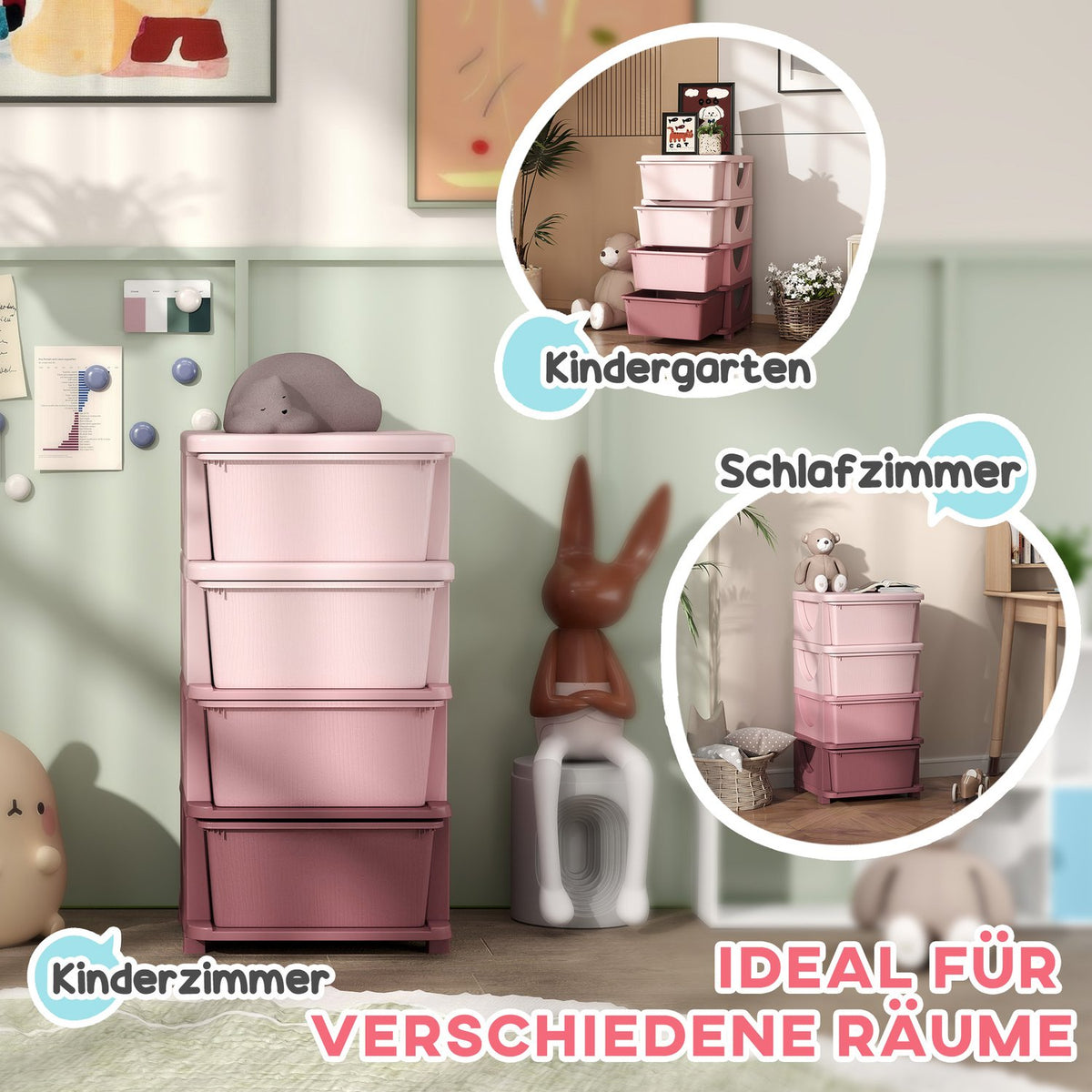 Children's Room Chest of Drawers 4 Tier Toy Organizer Toy Storage Pink