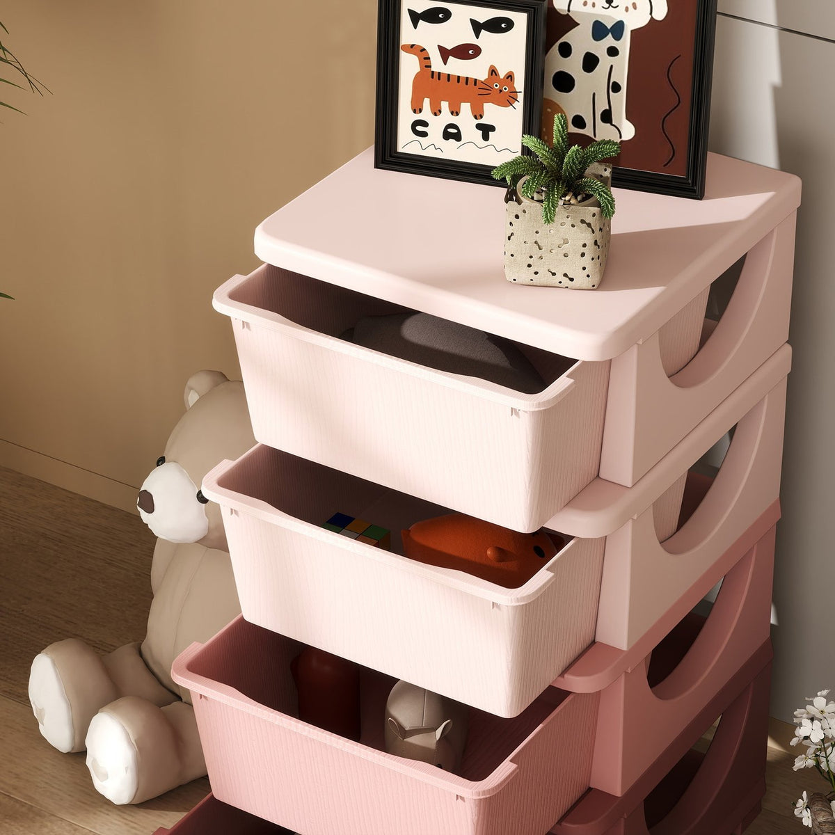 Children's Room Chest of Drawers 4 Tier Toy Organizer Toy Storage Pink