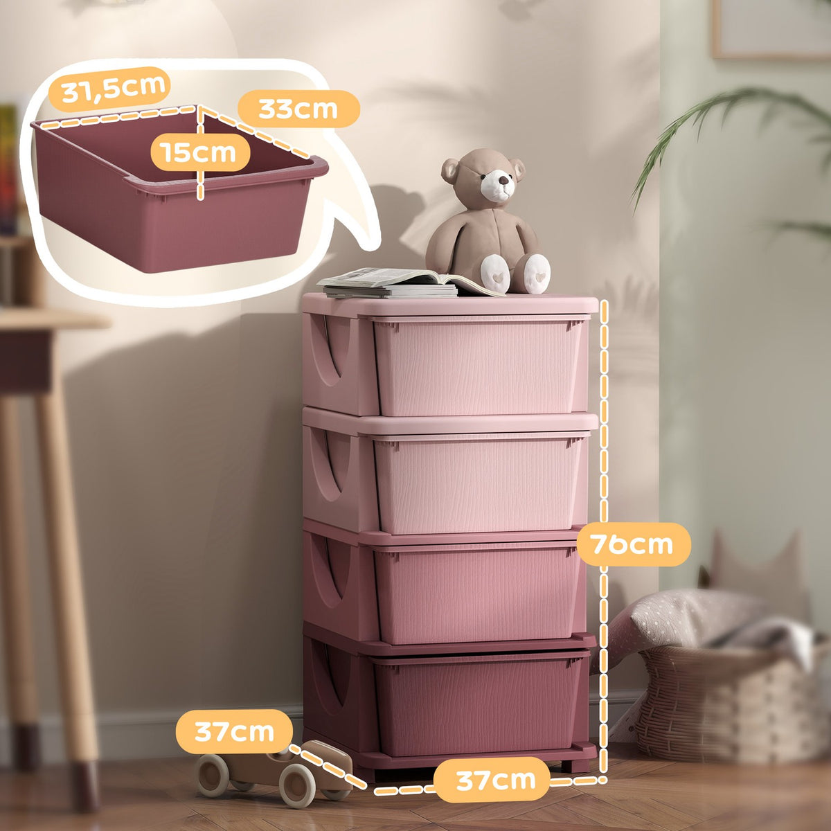 Children's Room Chest of Drawers 4 Tier Toy Organizer Toy Storage Pink