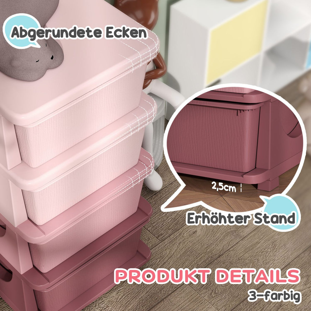 Children's Room Chest of Drawers 4 Tier Toy Organizer Toy Storage Pink