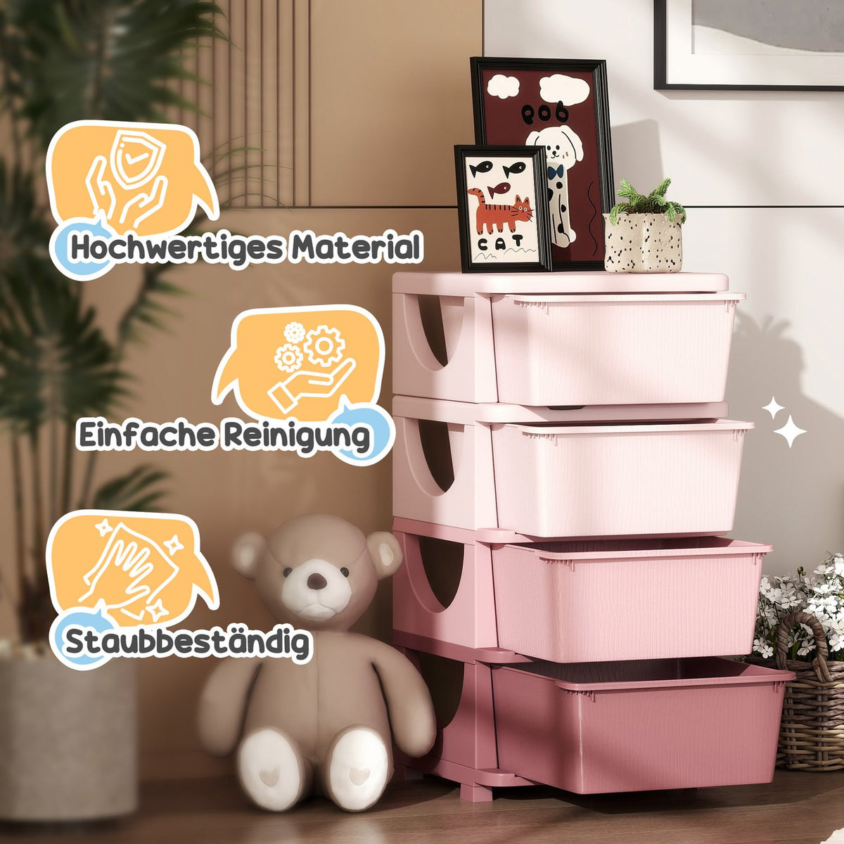 Children's Room Chest of Drawers 4 Tier Toy Organizer Toy Storage Pink
