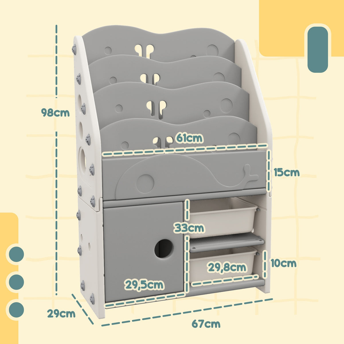 Children's Room Shelf Children's Shelf with 2 Storage Boxes 4 Tier Storage Shelf Toy Organizer for Playroom Bedroom Light Gray 67 x 29 x 98 cm