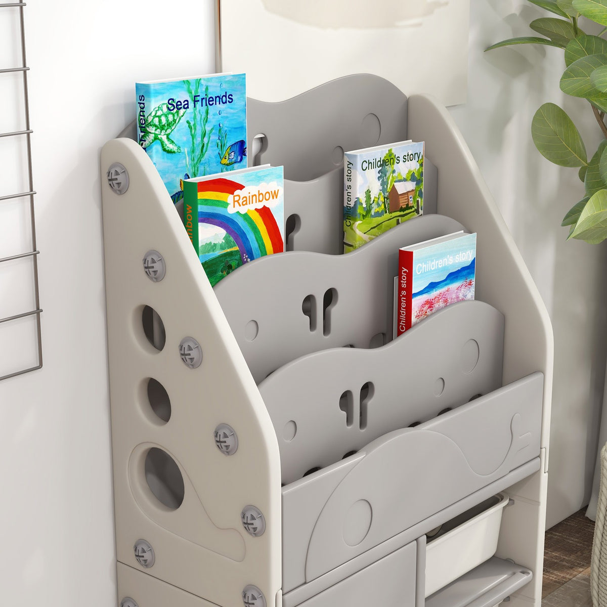 Children's Room Shelf Children's Shelf with 2 Storage Boxes 4 Tier Storage Shelf Toy Organizer for Playroom Bedroom Light Gray 67 x 29 x 98 cm