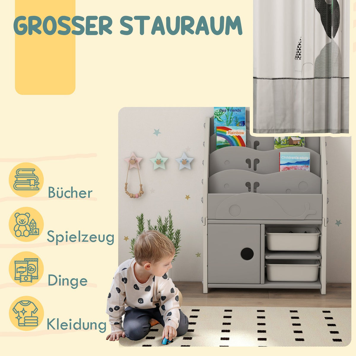 Children's Room Shelf Children's Shelf with 2 Storage Boxes 4 Tier Storage Shelf Toy Organizer for Playroom Bedroom Light Gray 67 x 29 x 98 cm