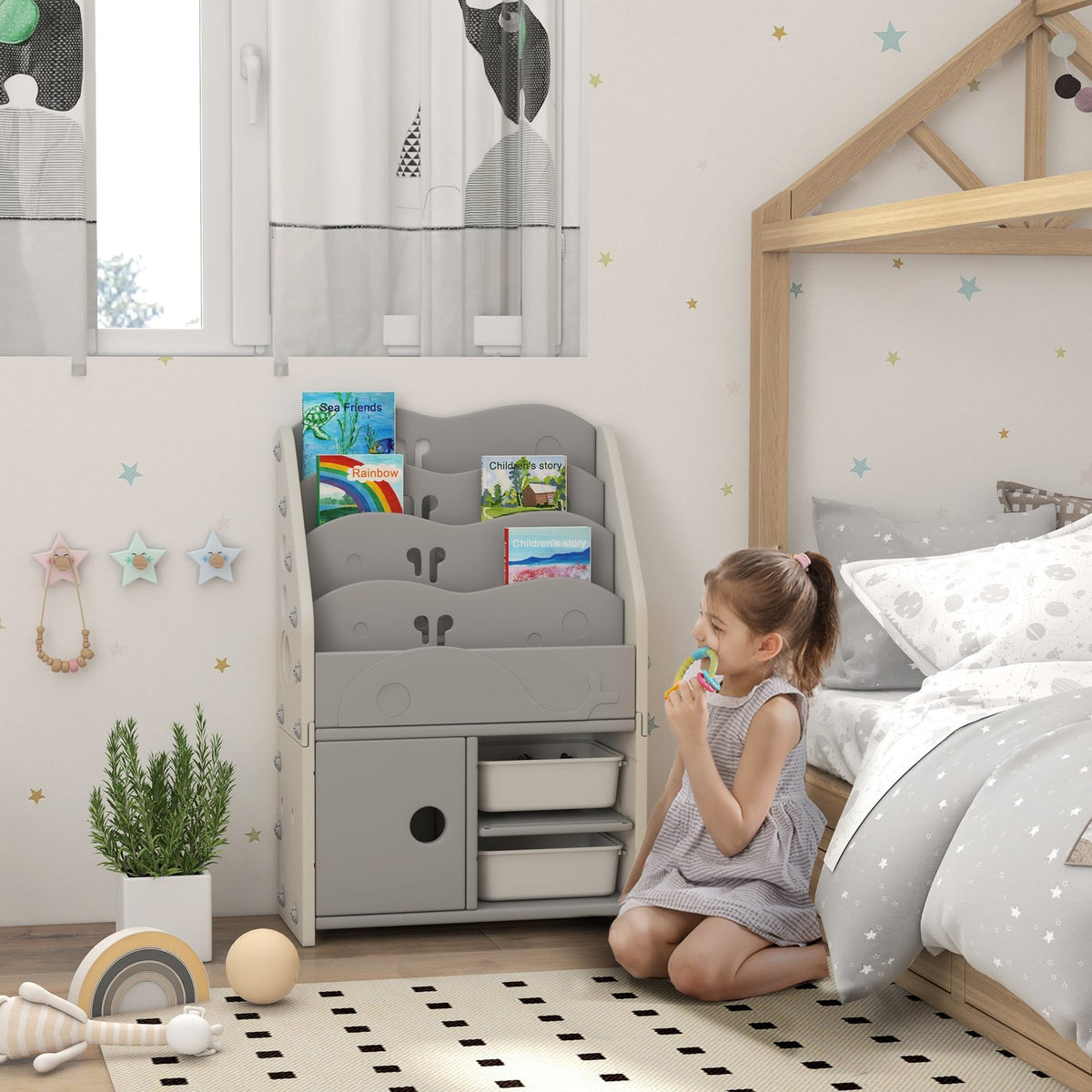 Children's Room Shelf Children's Shelf with 2 Storage Boxes 4 Tier Storage Shelf Toy Organizer for Playroom Bedroom Light Gray 67 x 29 x 98 cm