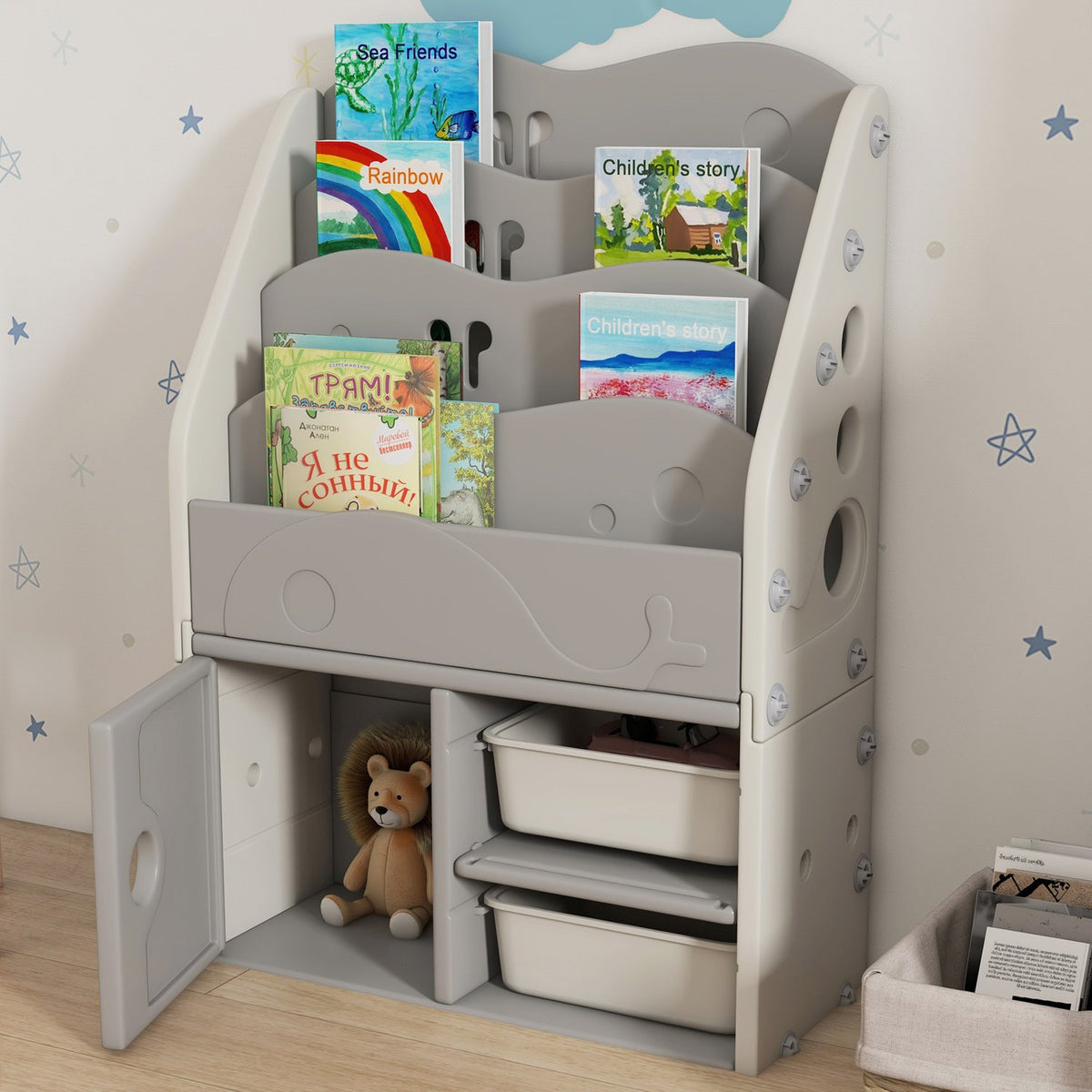 Children's Room Shelf Children's Shelf with 2 Storage Boxes 4 Tier Storage Shelf Toy Organizer for Playroom Bedroom Light Gray 67 x 29 x 98 cm