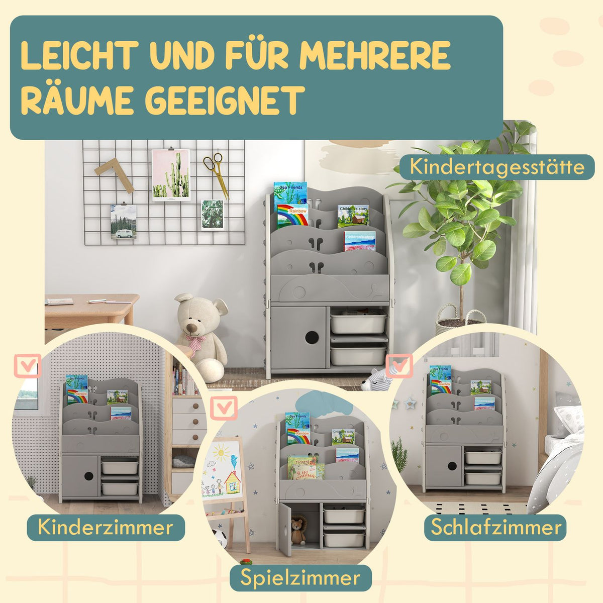 Children's Room Shelf Children's Shelf with 2 Storage Boxes 4 Tier Storage Shelf Toy Organizer for Playroom Bedroom Light Gray 67 x 29 x 98 cm