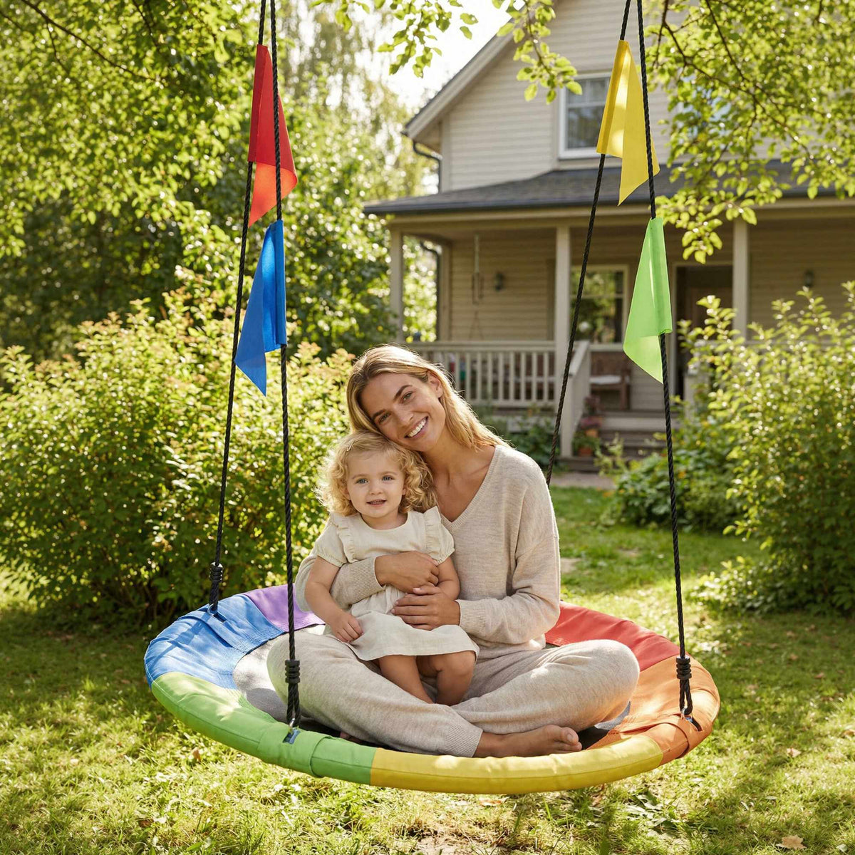 Children's Round Nest Swing with Colorful Pennants