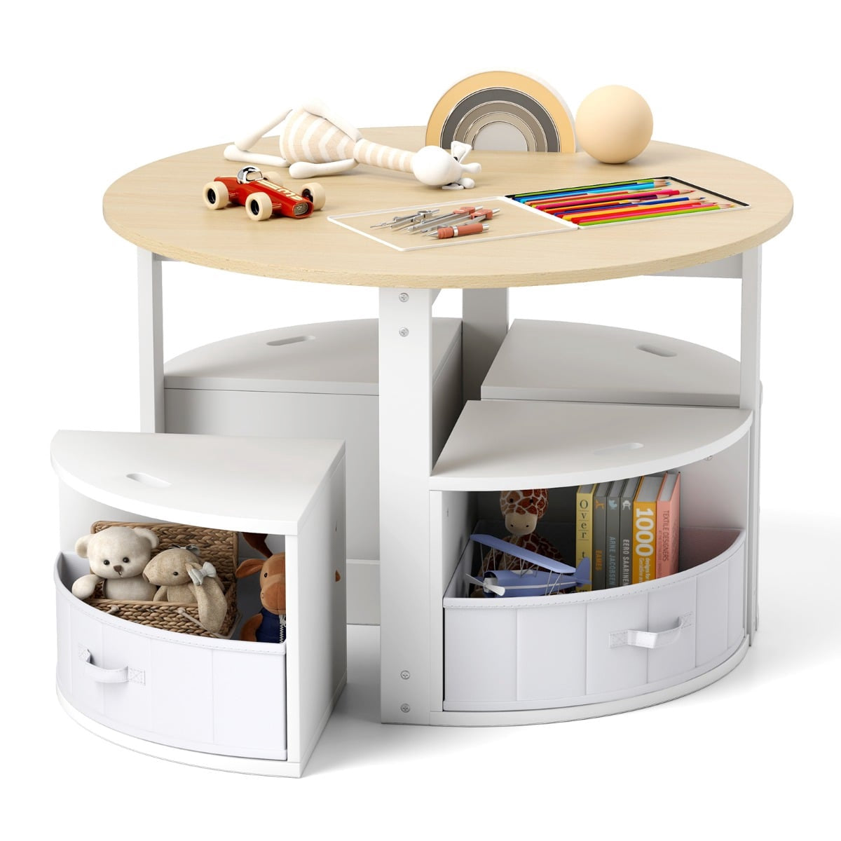 Children's Round Table Set with 4 Storage Stools, Wood