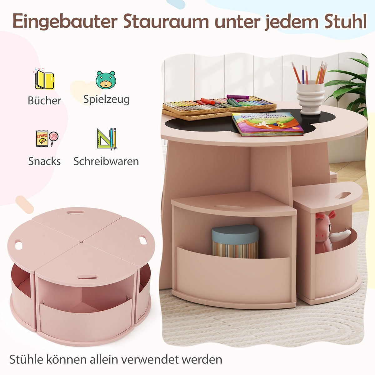 Children's Round Table and Chair Set with Storage, Pink