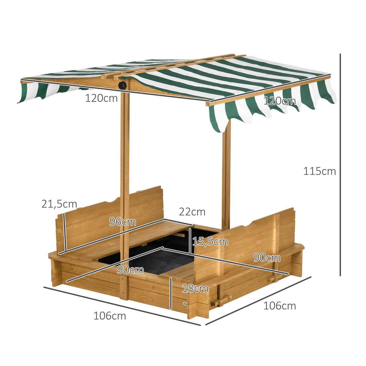 Children's Sandbox with Adjustable Canopy and Seats, 106x106 cm