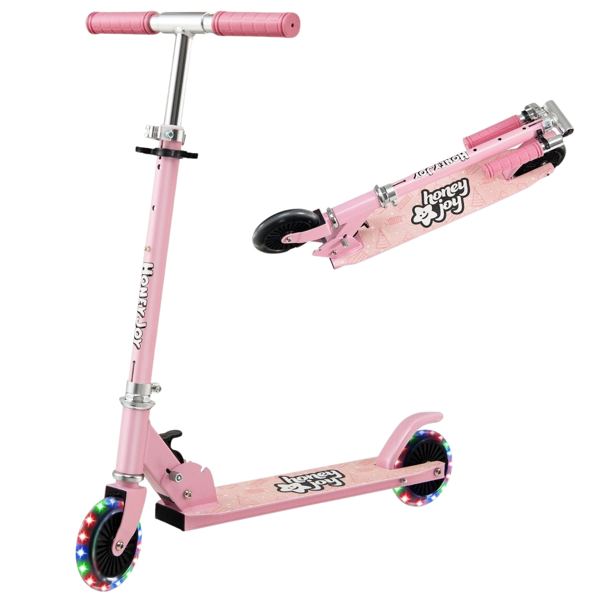 Children's Scooter 2 Wheel Kick Scooter with Flashing Wheels Stand and Cruise Toddler Toy Pink