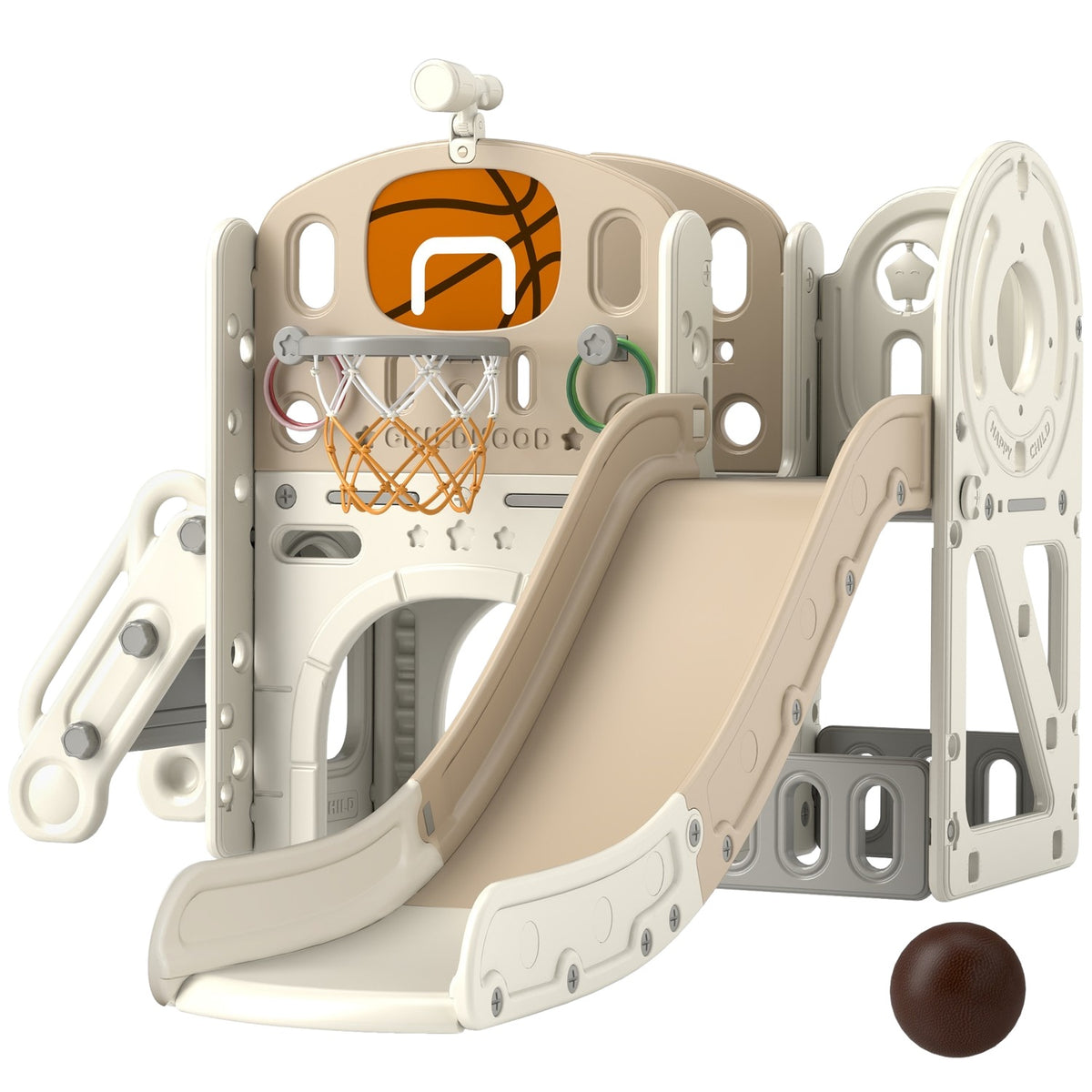 Children's Slide, 7 in 1, Toddler Slide with Basketball Hoop, Climbing Frame, Telescope, Tunnel, Platform Walk, Storage Basket, Children's Playground for 1 to 6 Years Children