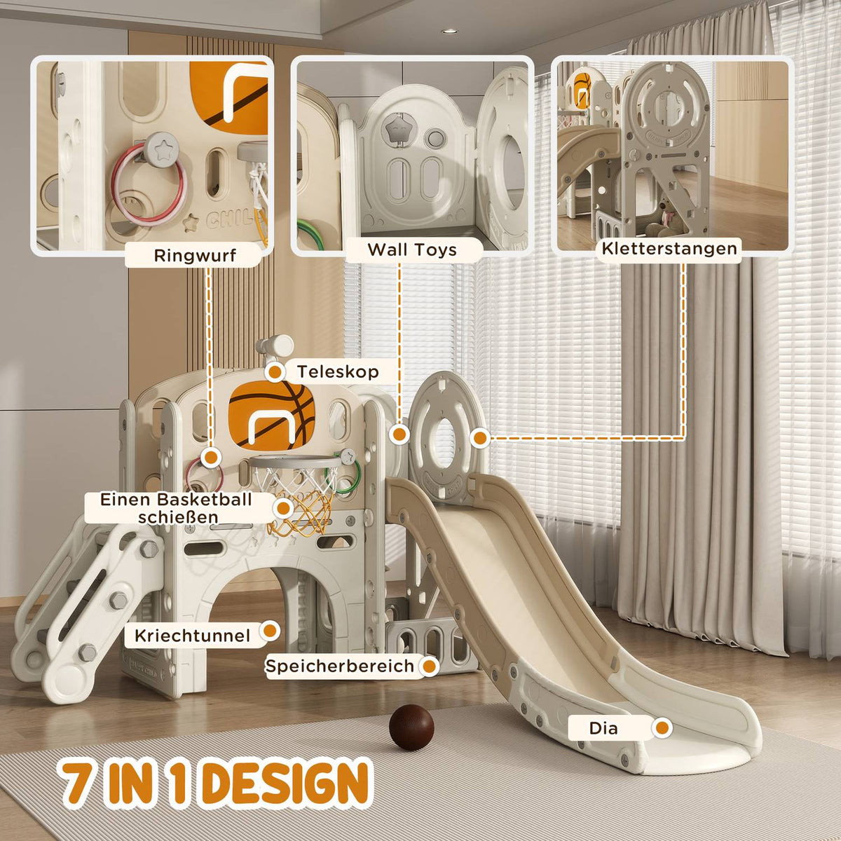 Children's Slide, 7 in 1, Toddler Slide with Basketball Hoop, Climbing Frame, Telescope, Tunnel, Platform Walk, Storage Basket, Children's Playground for 1 to 6 Years Children