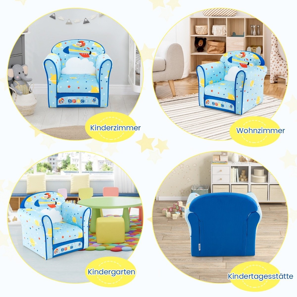 Children's Sofa Toddlers Upholstered Armrest Chair with Solid Wooden Frame 50 x 40 x 44 cm (Spaceship)