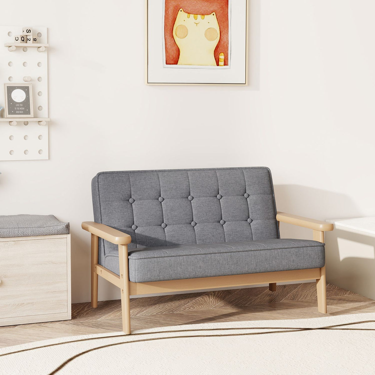Children's Sofa, Velvet Look, Wood Frame, Ages 3-15, Gray