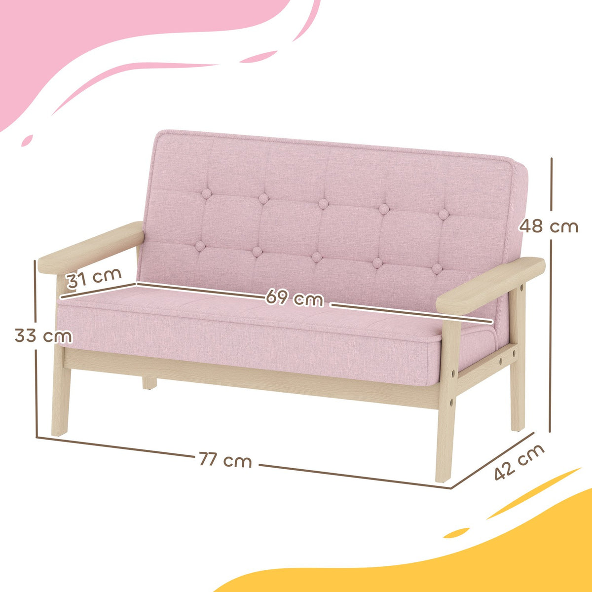 Children's Sofa, Velvet Look, Wood Frame, Ages 3-15, Pink
