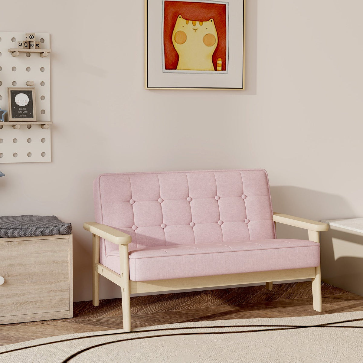 Children's Sofa, Velvet Look, Wood Frame, Ages 3-15, Pink