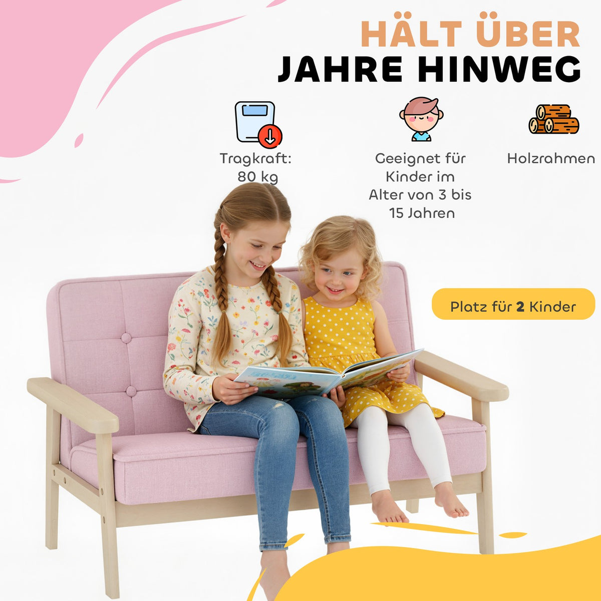 Children's Sofa, Velvet Look, Wood Frame, Ages 3-15, Pink