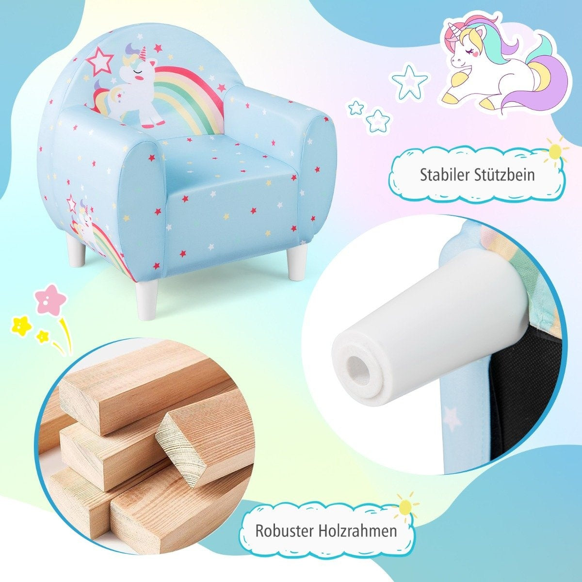 Children's Sofa with Backrest & Armrest, Unicorn Design