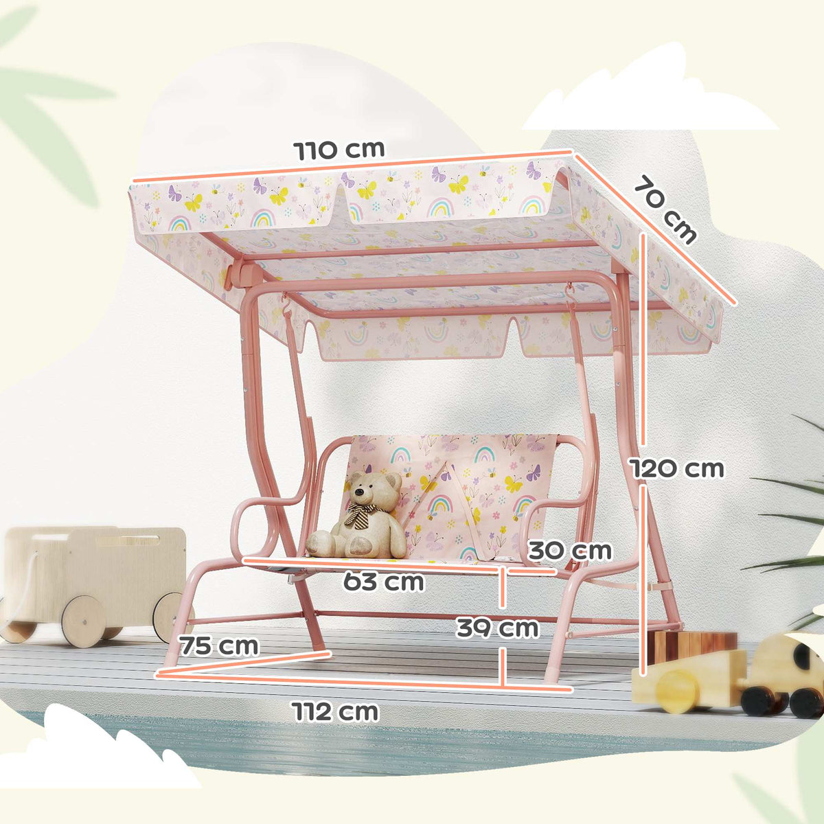 Children's Swing Chair, Steel Frame, 2-Seater, Pink