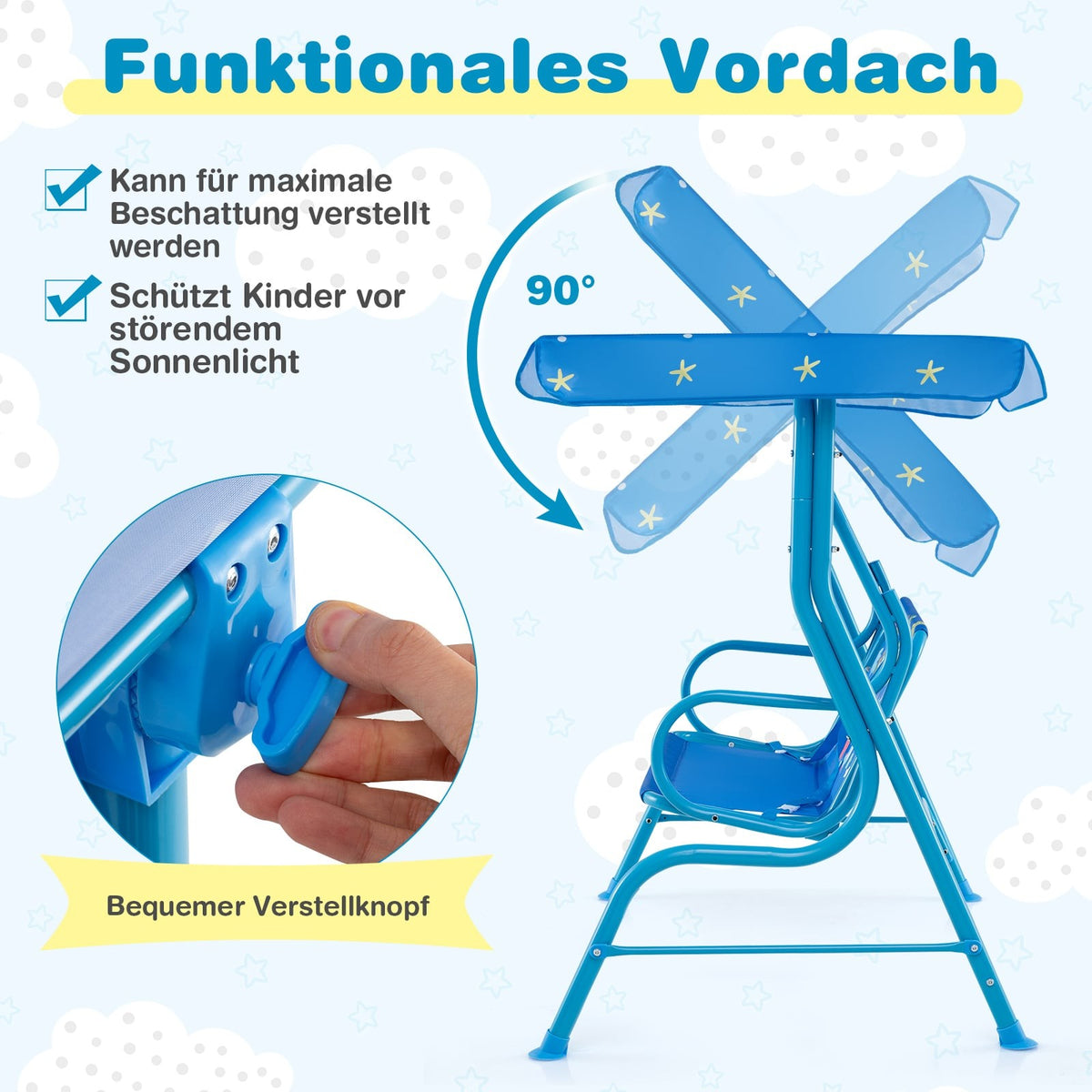 Children's Swing with Adjustable Canopy, Metal Frame, Blue