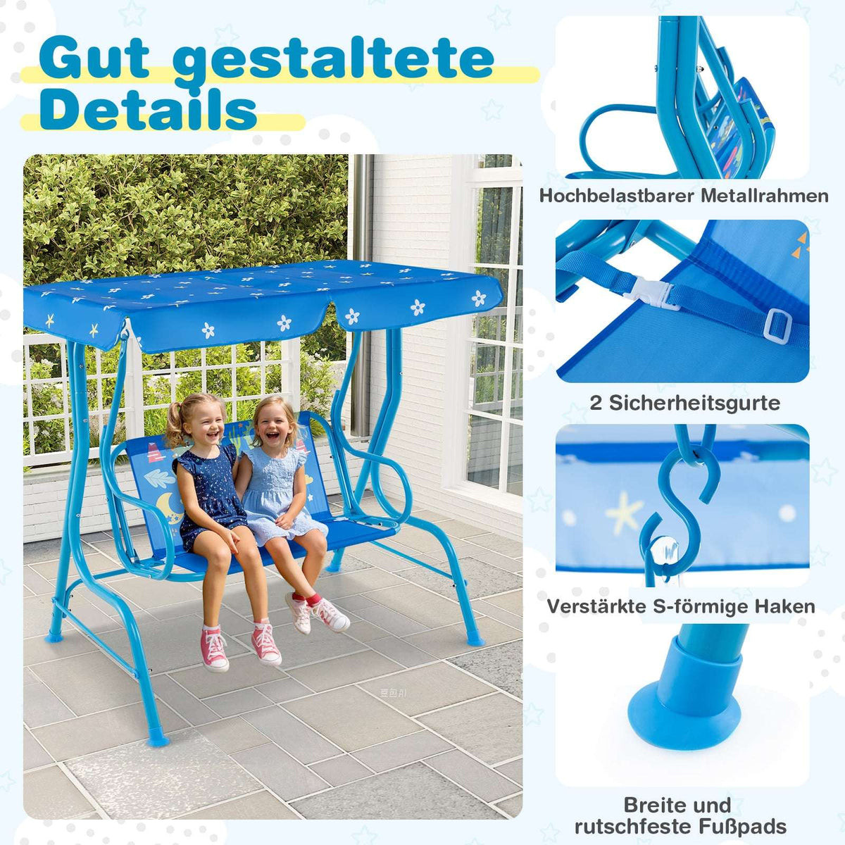 Children's Swing with Adjustable Canopy, Metal Frame, Blue