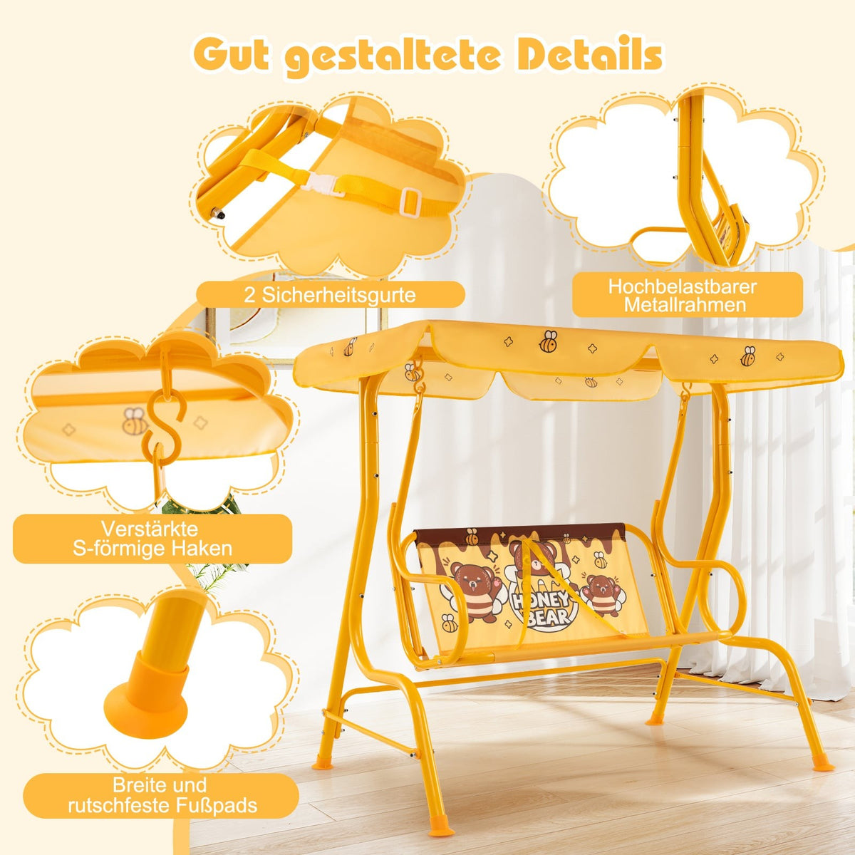 Children's Swing with Adjustable Canopy, Metal Frame, Yellow