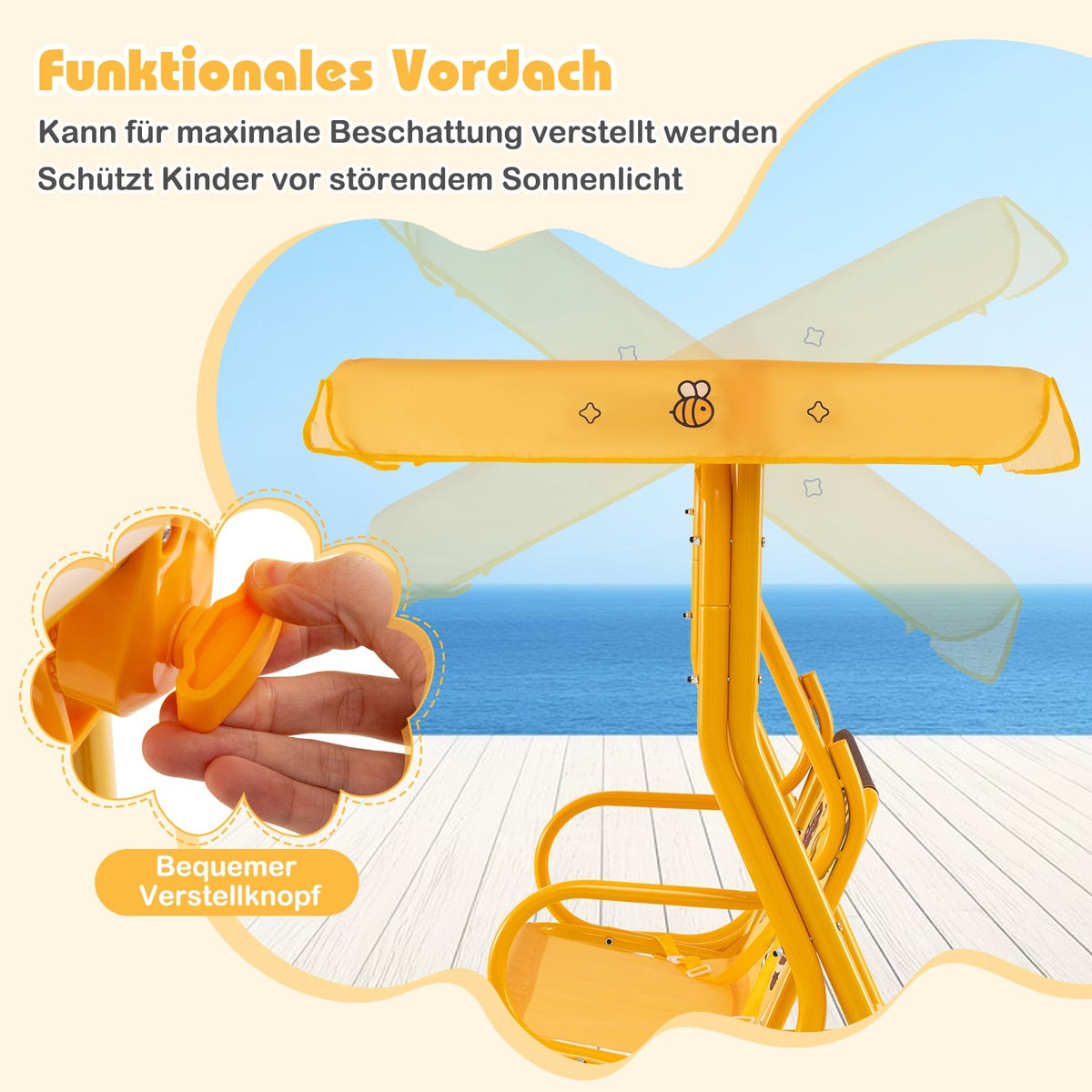 Children's Swing with Adjustable Canopy, Metal Frame, Yellow