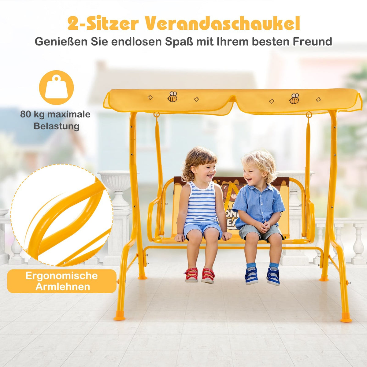 Children's Swing with Adjustable Canopy, Metal Frame, Yellow