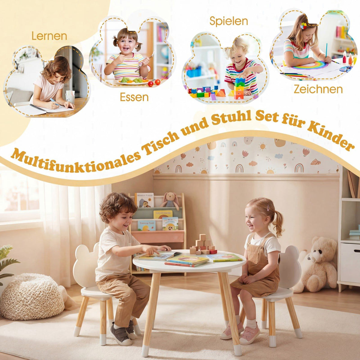 Children's Table & 2 Chairs Set, Wood Legs, White